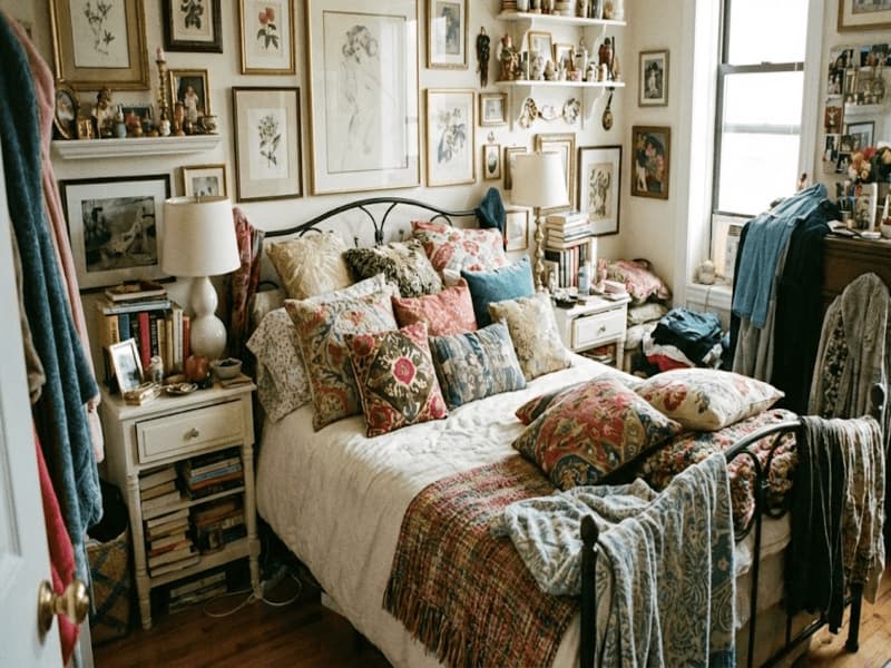 شلوغی دکور اتاق خواب + استفاده زیاد از کوسن