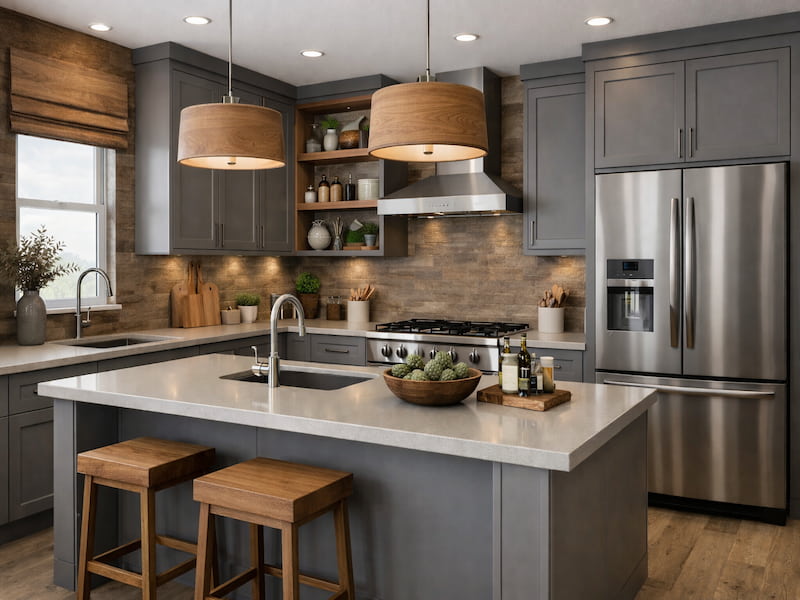 مکمل رنگ طوسی در کابینت و آشپزخانه