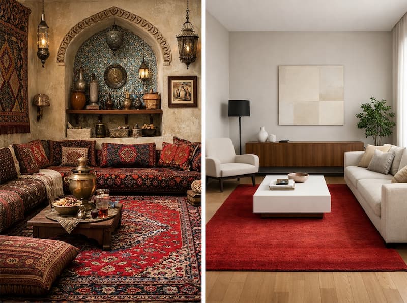 دکوراسیون با فرش قرمز و مبل کرم