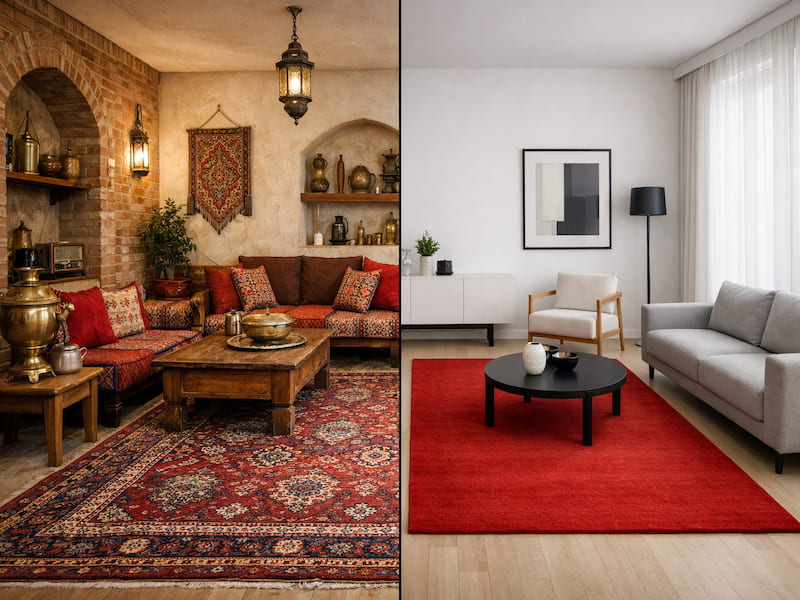 دکوراسیون پذیرایی با فرش قرمز